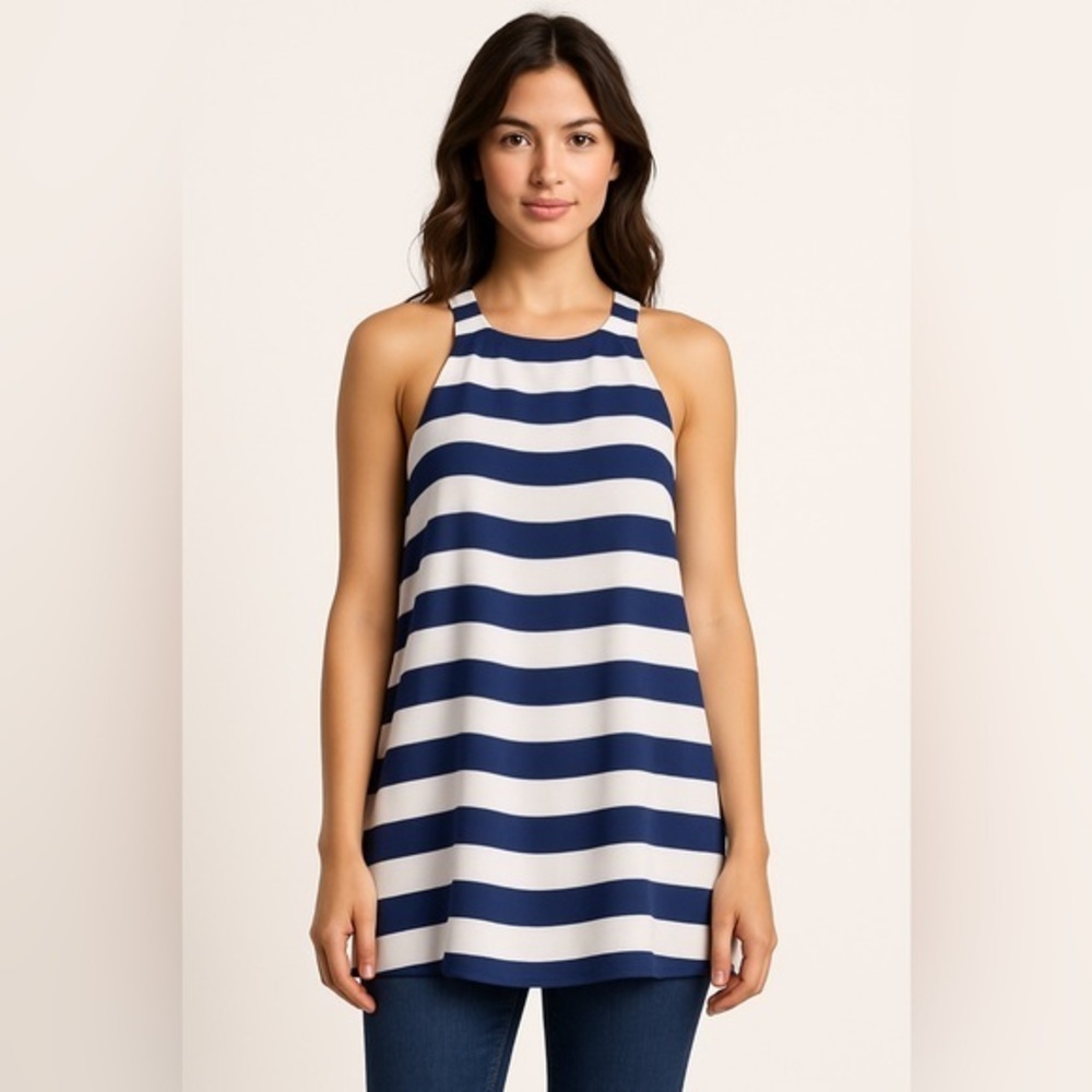 Miami Women's Navy White striped two layer inset sleeveless top Medium EUC #644